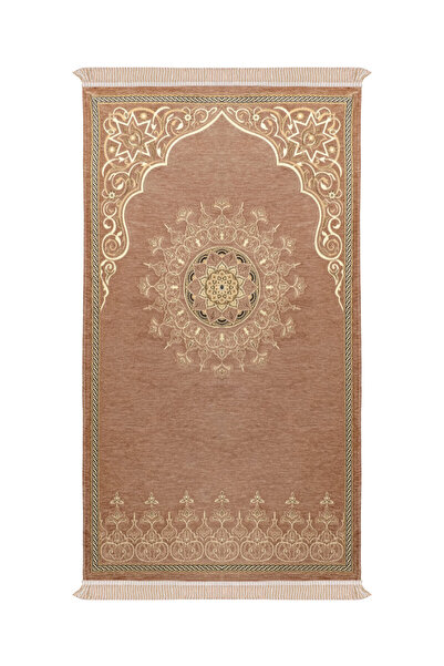 Bursa İpek Beige Mandala Pattern Embossed Special Woven Prayer Rug