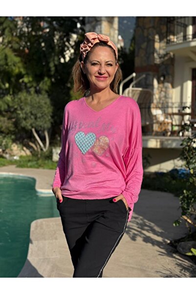 Punta Otantik Yg27060 Double Heart Printed Italian Knitwear Blouse Pink