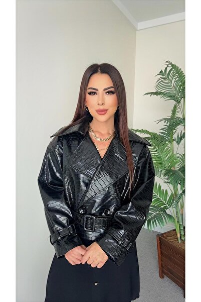 DİDEM GÜLTAKTI Oric Women's Oversize Black Leather Jacket with Belt Detail