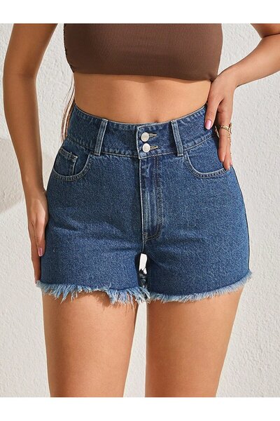 connemara Kadın Yüksek Bel Mavi Jean Şort — Püskül Paça Rahat Kesim Yazlık Ko...