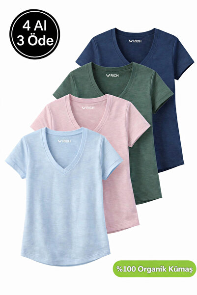Rich Kadın 4'lü Paket Lacivert-Koyu Yeşil-Pembe-Mavi %100 Organik Pamuk Tişör...