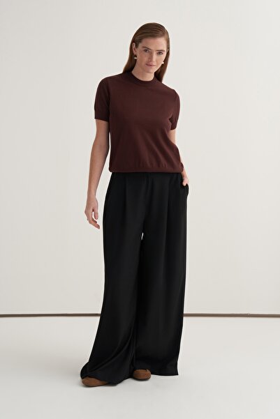 EBU Prive Pantaloni Palazzo cu pliuri duble și picior larg pentru femei, negri