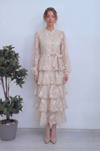 zks grup tekstil Women's Floral Patterned Layered Flounce Belted Dress Ecru, ...