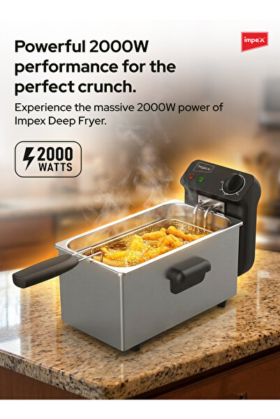 IMPEX IDF 1003 3L Deep Fryer 2000W 130–190°C Non-Stick Tank SS Design 3L Oil Caps Indicator lights