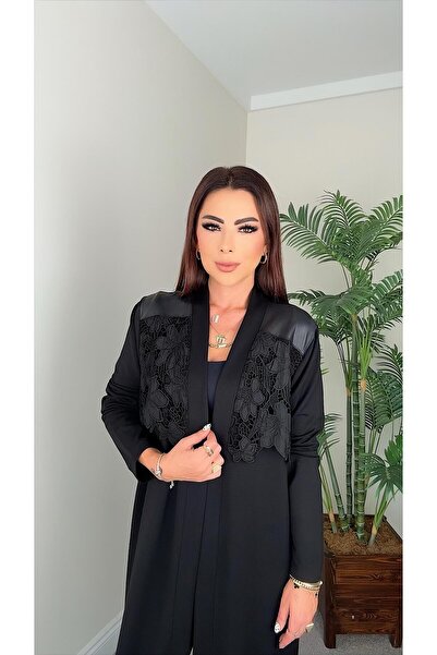 DİDEM GÜLTAKTI Periz Women's Lace and Leather Detailed Women's Jacket Cardigan