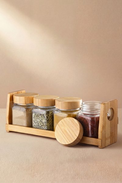 GÖNÜL 5 Parça Bambu Kapaklı Cam Baharat Takımı, Bambu Standlı Baharat Seti