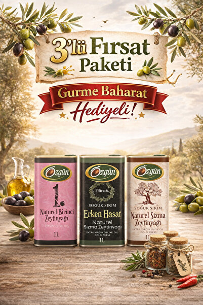 ÖZGÜN ZEYTİN & ZEYTİNYAĞI Naturel Zeytinyağları 3Lü Fırsat Paketi-Baharat Hed...