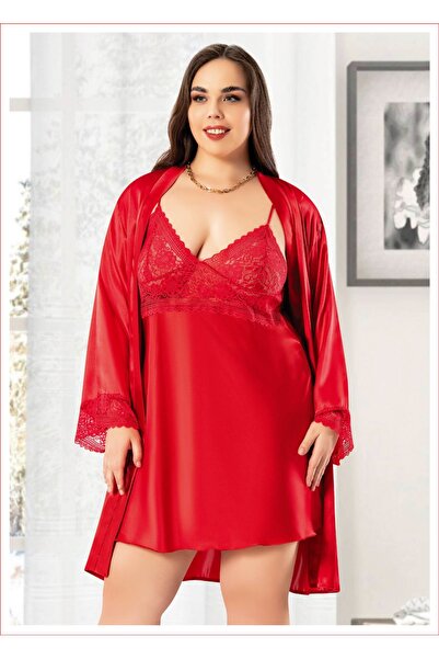 MYS GRUP TEKSTİL Red King Size Women's Double Satin Set Miss Laris 6007