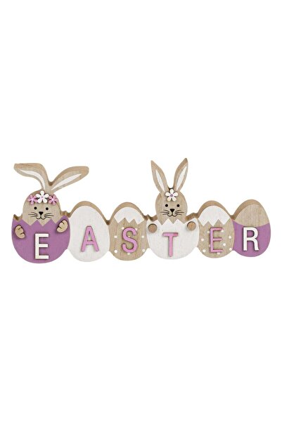 OEM Decoratiune de Paste din Lemn "Easter" cu Iepuri Oua Albe Lila 24x2x9.3cm