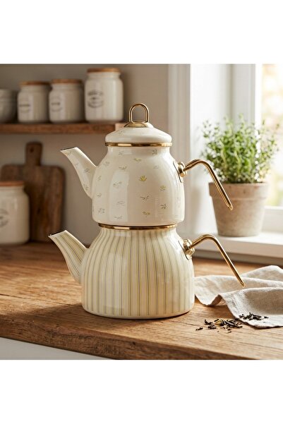 ALLEGRI Fiore Series Enamel Teapot Stylish Line Pattern Details Large Volume ...