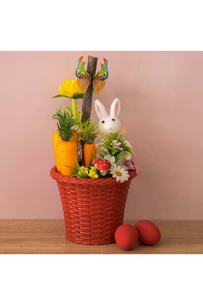 OEM Decoratiune de Paste cu Ghiveci Rosu Decorat cu Flori & Morcov Ø17x33cm