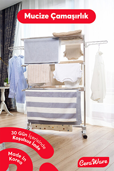 handanca 3 Katlı Çamaşırlık Tekerlekli Lüks Çamaşır Kurutma Askılığı