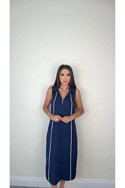 DİDEM GÜLTAKTI Cines Women's Polo Collar Ribbed Navy Blue Dress