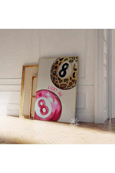 NinaStore Pembe Leopar Desenli 8 Top Baskı / Retro Şanslı Bilardo Posteri / T...