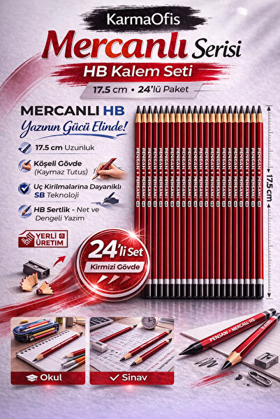 KarmaOfis Coral Hb Pencil Red Single Color 24 Pieces, Angled Body, 17.5 cm