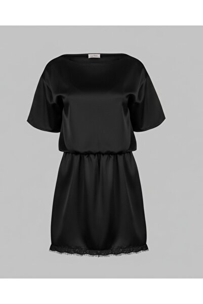 La Sarta Elia Black Satin Dress with Lace Detail