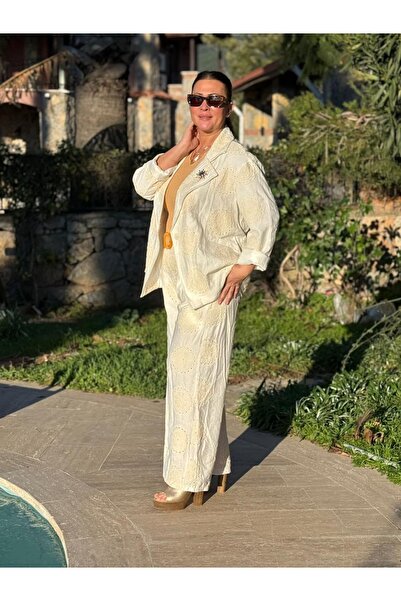 Punta Otantik Yg10131 Embroidered Linen Set Ecru