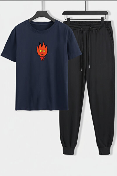 Trend Sizde Fire Character Printed Unisex T-Shirt Jogger Sweatpants 2-Piece Set