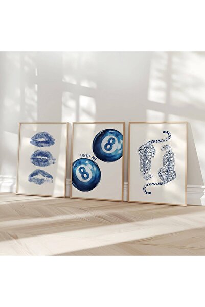 NinaStore Lacivert Duvar Sanatı Seti/ Retro 8 Top Posteri/ Mavi Leopar Baskıs...