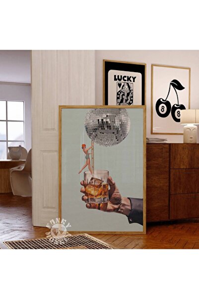 NinaStore Retro Bar Arabası Sanat Baskısı/ Disko Viski Kolaj Baskısı/ Kokteyl...