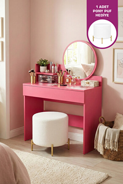 VİLİNZE Urla Tek Çekmece Bölmeli Organizer Kozmetik Aynalı Mini Makyaj Masası