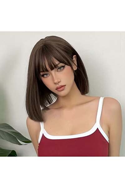 NeednStore Kadın Kahverengi Küt Perçemli Peruk - 35 cm serisi 1. Kalite Sente...