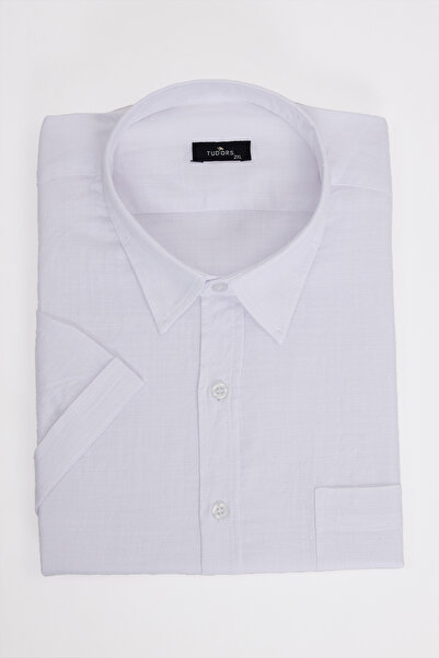 Tudors Men's Big Size Oversized Cut Short Sleeve Linen Effect White Shirt wit...