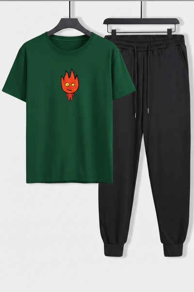 Trend Sizde Fire Character Printed Unisex T-Shirt Jogger Sweatpants 2-Piece Set