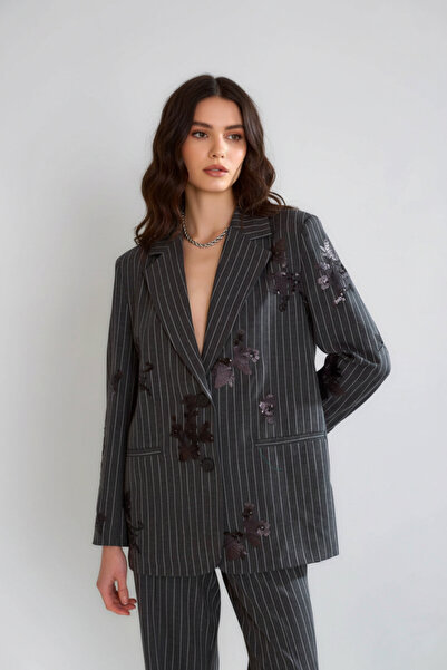 BIGNUANCE Floral Detailed Oversize Anthracite Blazer Suit