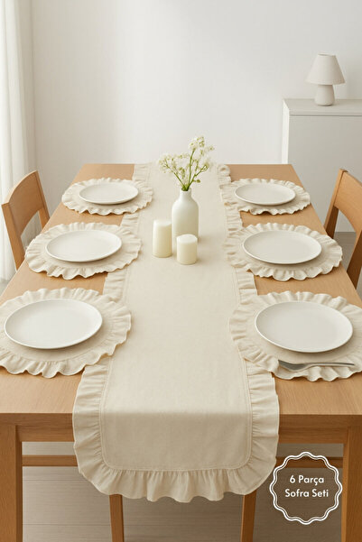 Bimotif Fırfırlı Runner (110x45 cm) ve 6 adet Fıfırlı Supla (40cm) Sofra Seti...