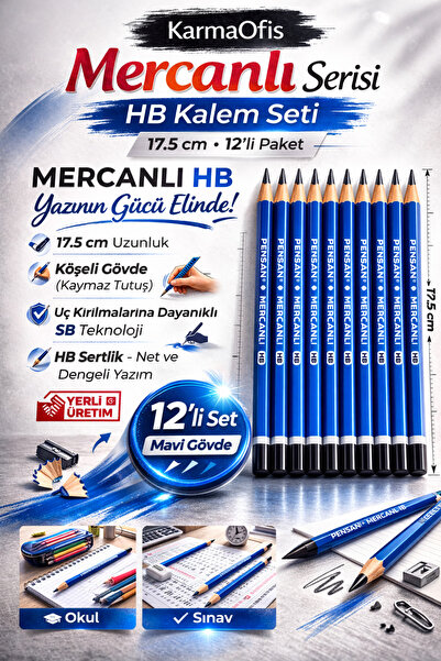KarmaOfis Mercanli Hb Pencil Blue Single Color 12 Pieces, Cornered Body, 17.5 cm