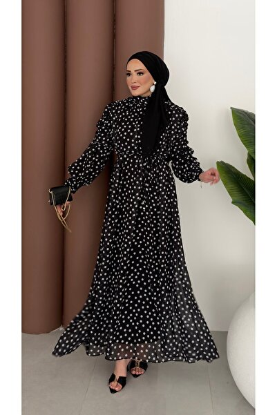 demet's collection HELİN Puantiyeli Şifon Büzgülü Elbise