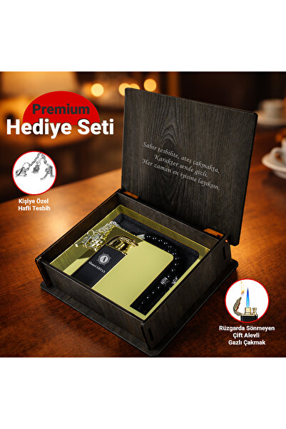 hediyekralı Kişiye Özel Ahşap Kutuda 2 Harfli Tesbih ve Rüzgarda Sönmeyen Çak...