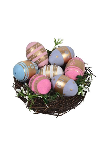 OEM Cuib Decorativ de Paste cu Oua Colorate cu Folie Aurie Ø16x5cm