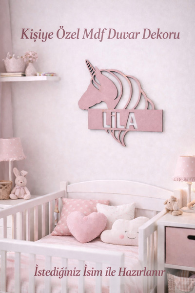 Taşteks Kişiye Özel Unicorn Figürlü MDF İsimlik – Pembe Kumaş Kaplı Çocuk Oda...