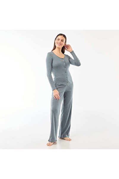 KIABI Pointelle Knit Long Pajama Set - 2 pieces BLUE