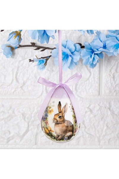 OEM Ou Decorativ de Paste Bej Lila cu Model Iepure & Coronita de Flori 7.5cm