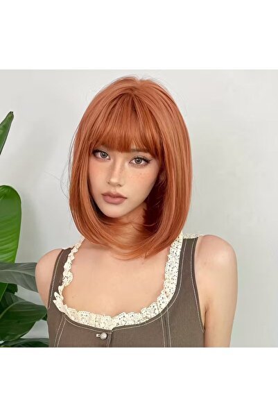 NeednStore Kadın Bakır Küt Perçemli Peruk - 35 cm serisi 1. Kalite Sentetik B...