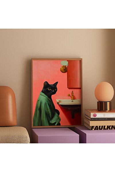 NinaStore Siyah Kedi Banyo Sanat Baskısı: Retro Modern Pembe Dekor (Dijital İ...