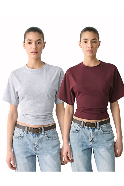 ossons Bel Oturtmalı Yarasa Kol Pamuklu T-shirt - 2'li Set Gri-Mürdüm