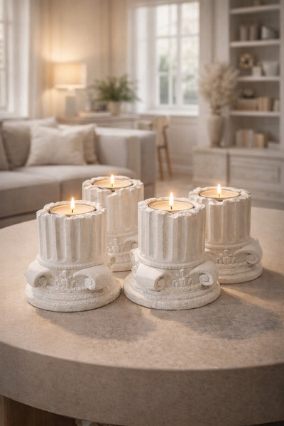 EVROSİ Lycia Aeterna – 4’lü Dekoratif Antik Sütun Tealight Mumluk Seti 7,5cm
