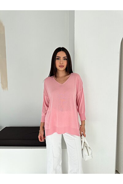 LA POMME Basic Oversize V-Neck Slit Knitwear Blouse Lp77001