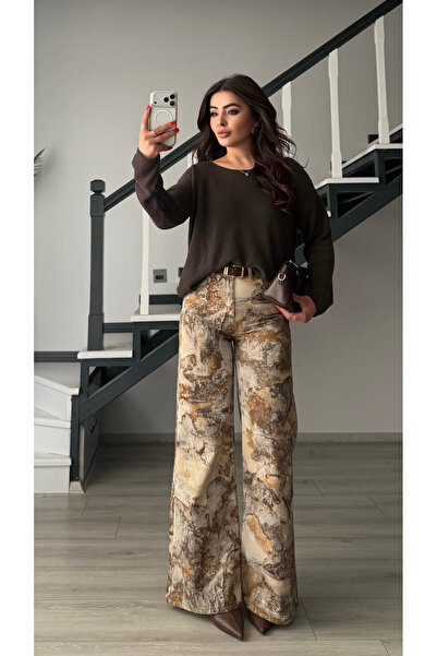 Oslove Coffee-Cream Ethnic Pattern Flare Pants