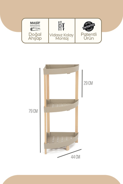 Bienwood BIE-7208 Ahşap 3 Katlı Raf - Krem – Masif Ahşap & Plastik, Vidasız K...