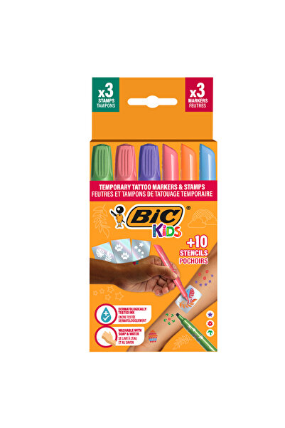 Bic SET DE MARKERE TATUAJ PENTRU COPII 3 MARKERE + 3 ȘTAMPE + 10 ȘABLONE