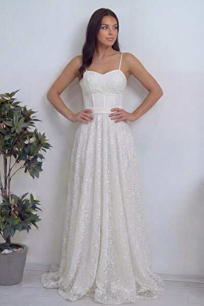 the ZKS Kadın Askılı Transparan Simli Dantelli Abiye Elbise Beyaz, Siyah, Kır...