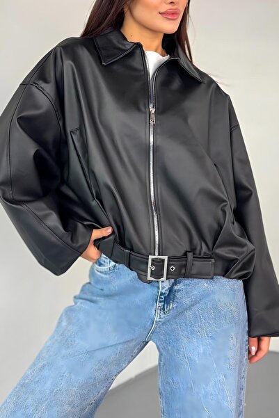 koka Women's Oversized Black Leather Jacket with Belt and Zipper