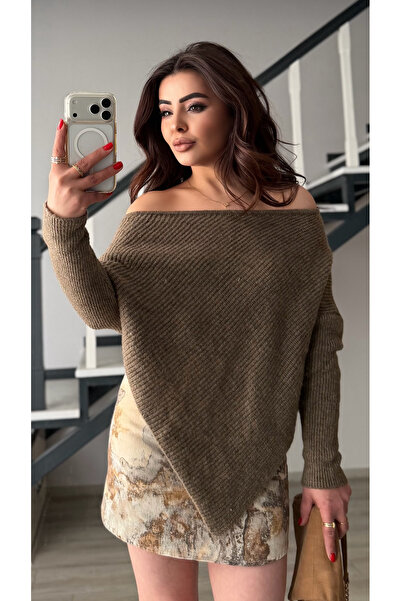 Oslove Dark Mink Boat Neck Asymmetrical Cut Sweater