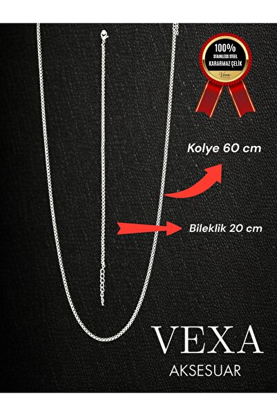 Vexa Aksesuar İthal Premium 3 mm Kararmaz Örme Çelik Kolye ve Bileklik Set - ...