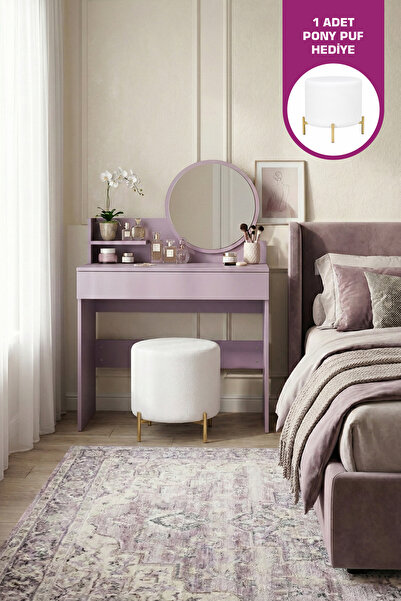 VİLİNZE Urla Tek Çekmece Bölmeli Organizer Kozmetik Aynalı Mini Makyaj Masası